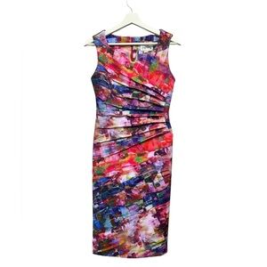 JOSEPH RIBKOFF Multicolored Ruched Dress with Gold Tone Accent - Style 171716